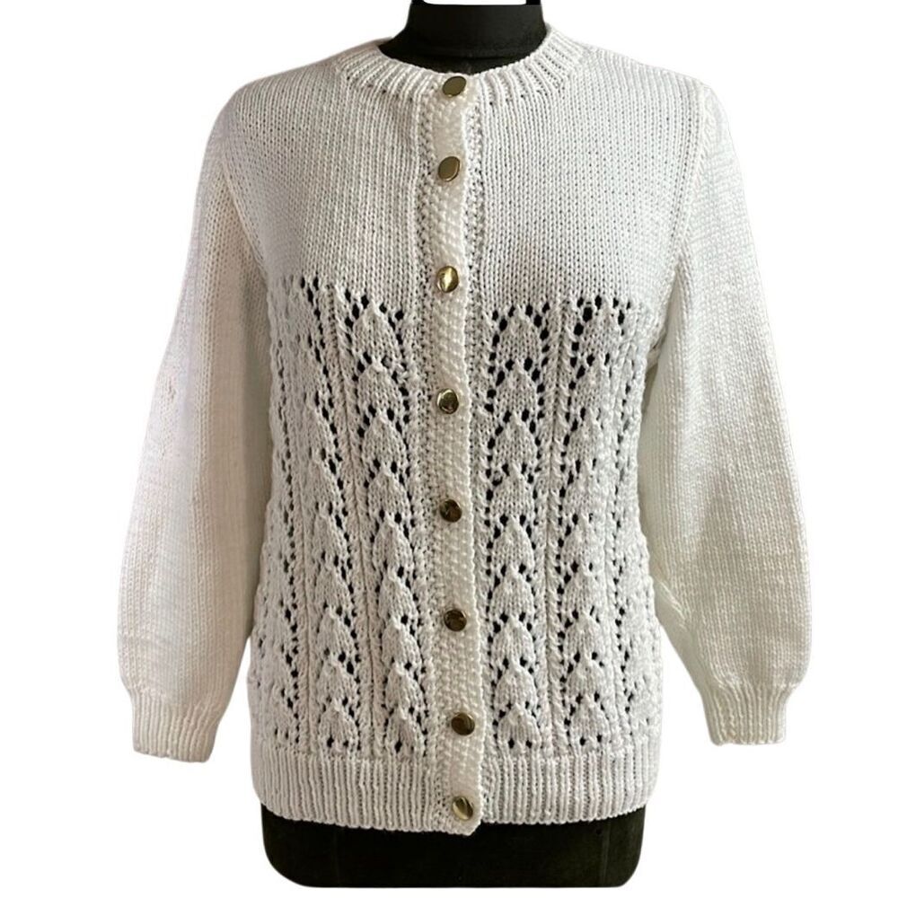 Handcrafted White Lace Knit Cardigan Button Front Cottagecore Heirloom Vintage